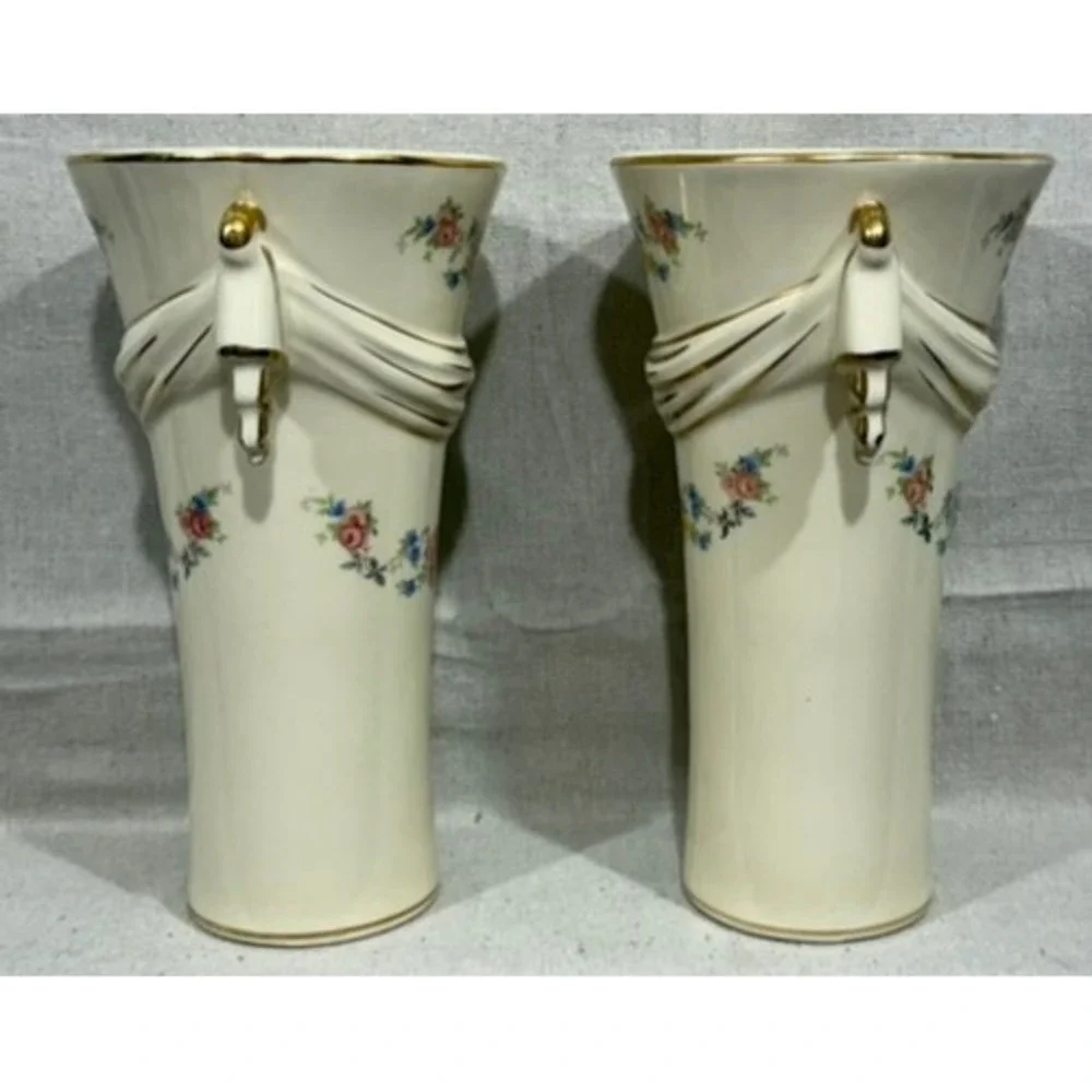 Vintage 1950s Floral Ceramic Mantel Vases Gold Gilt Draped Swag Pair P-133